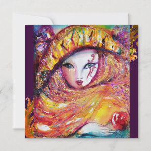 Invitación MÁSCARA EN AMARILLO, MARDI GRAS FIESTA púrpura neg