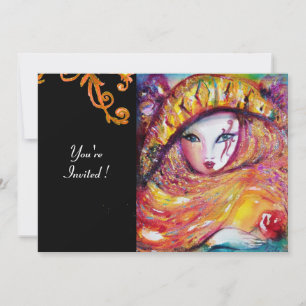 Invitación MÁSCARA EN AMARILLO, MARDI GRAS FIESTA púrpura neg