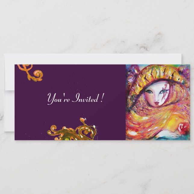 Invitación MÁSCARA EN AMARILLO, MARDI GRAS FIESTA púrpura neg (Anverso)