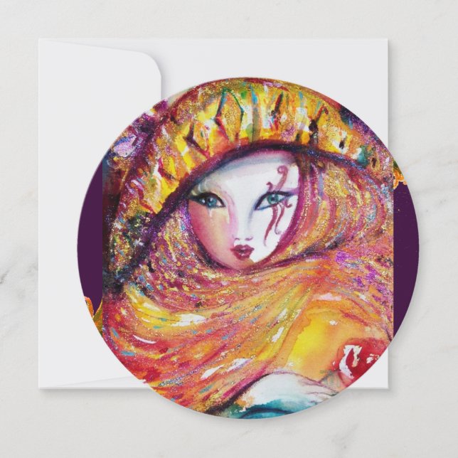 Invitación MÁSCARA EN AMARILLO, MARDI GRAS FIESTA rojo, púrpu (Anverso)
