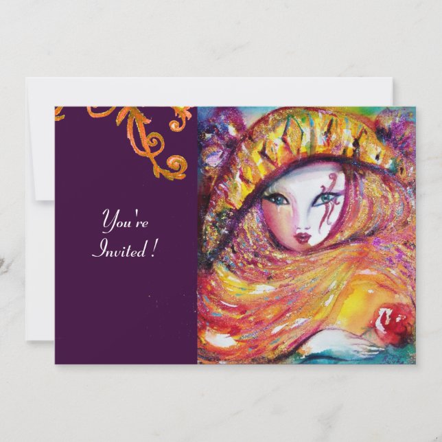 Invitación MÁSCARA EN AMARILLO, MARDI GRAS FIESTA violeta roj (Anverso)