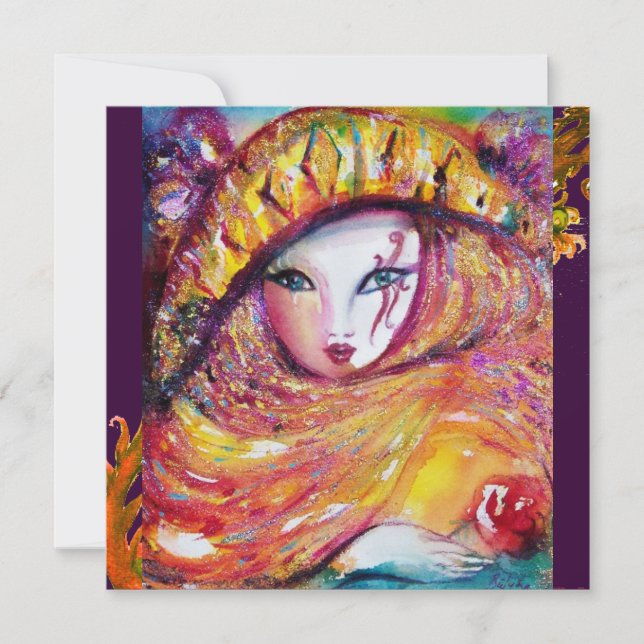 Invitación MÁSCARA EN AMARILLO rojo violeta púrpura brillo pl (Anverso)