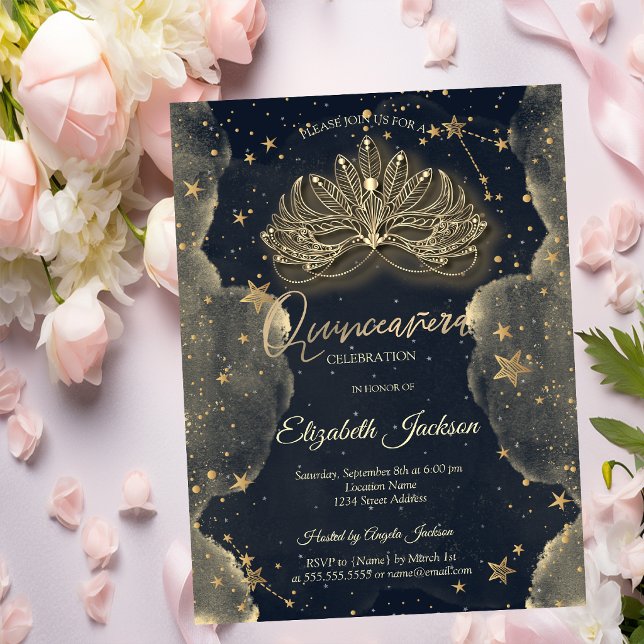 Invitación Máscara Estrellas Celestiales Nubes Quinceañera Do (Subido por el creador)