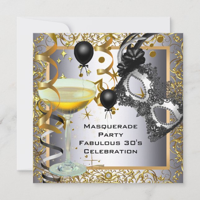 Invitación Máscara Fabulosa 30 cumpleaños Fiesta de Plata y N (Anverso)