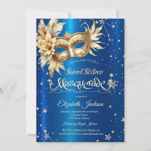 Invitación Máscara Floral Dorada Estrellas Azul Real Sweet 16