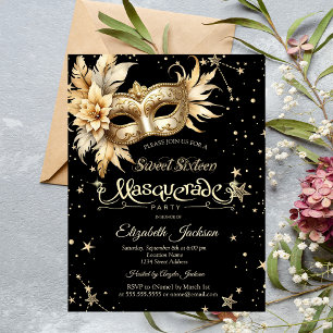 Invitación Máscara Floral Dorada Estrellas Dulces 16