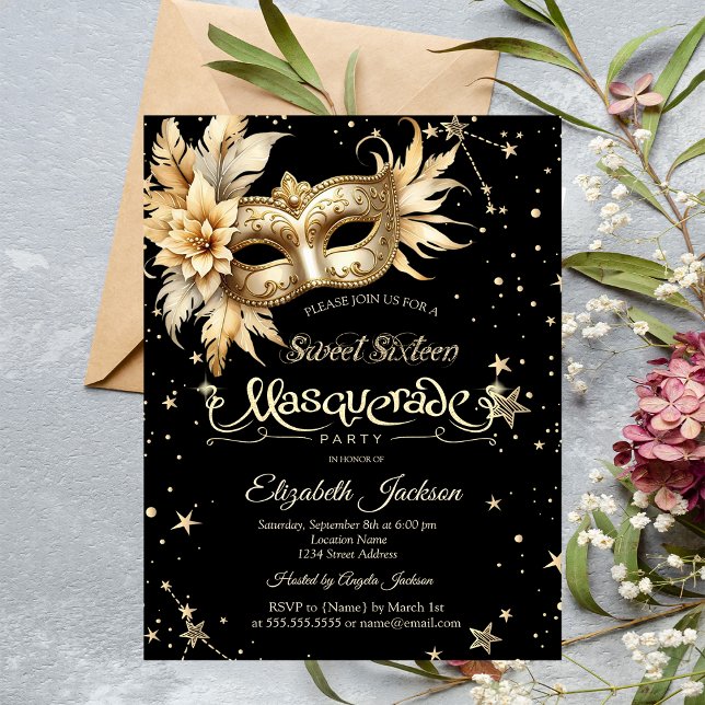 Invitación Máscara Floral Dorada Estrellas Dulces 16 (Subido por el creador)