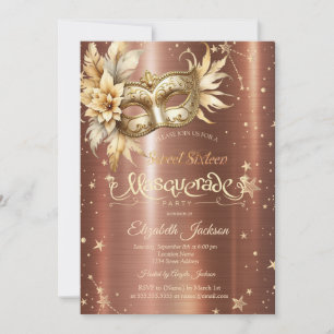 Invitación Máscara Floral Dorada Estrellas Marrón Metálico Du