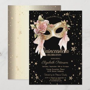 Invitación Máscara Floral Elegante Estrellas Negras Quinceañe
