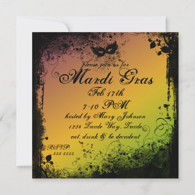 Invitación Máscara Grunge Mardi Gras (Reverso)