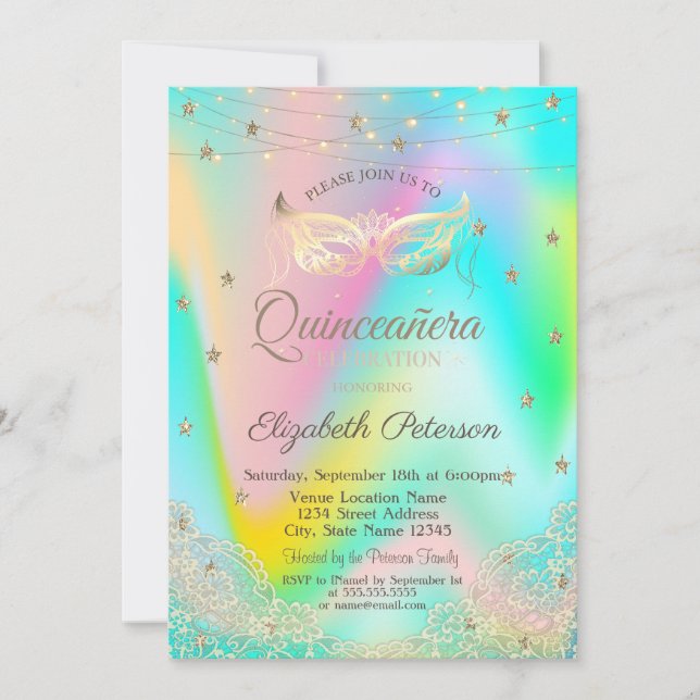 Invitación Máscara holográfica, Luces, Encaje, Estrellas Quin (Anverso)