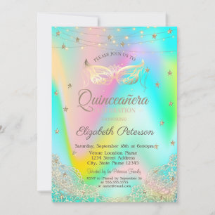 Invitación Máscara holográfica, Luces, Encaje, Estrellas Quin