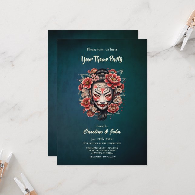 Invitación Máscara japonesa decorada con flores. (Anverso/Reverso In Situ)