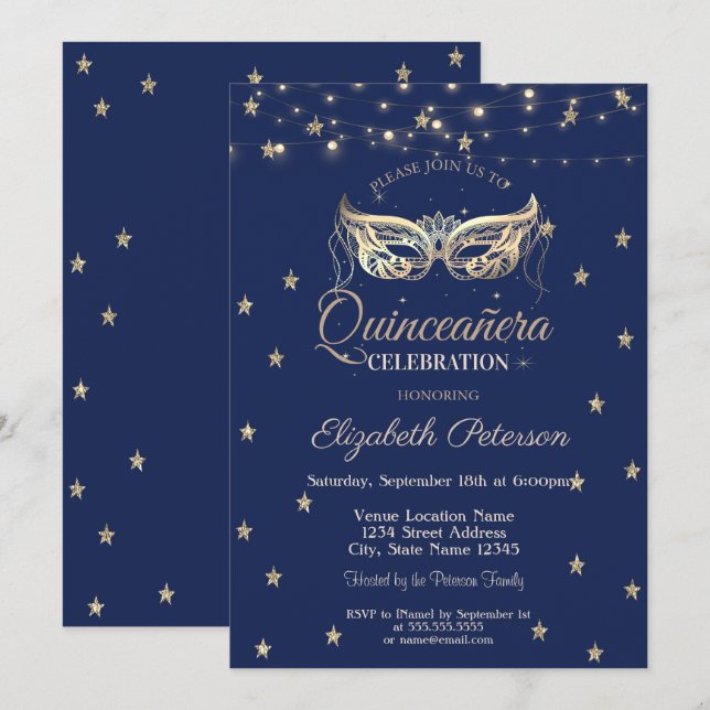 Invitación Máscara, Luces de Cadena, Estrellas Doradas Quince (Anverso / Reverso)