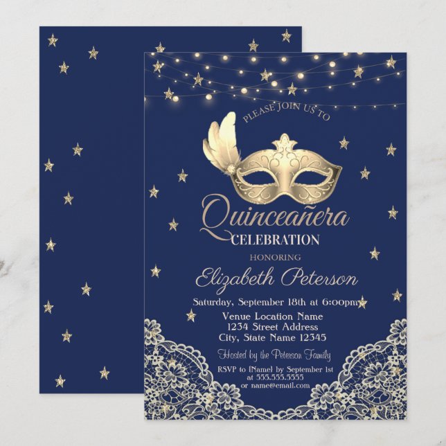 Invitación Máscara, Luces de Cadenas, Encaje, Estrellas Quinc (Anverso / Reverso)