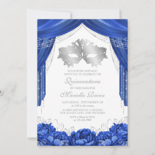 Invitación Máscara Mascarada Azul Real Quinceañera