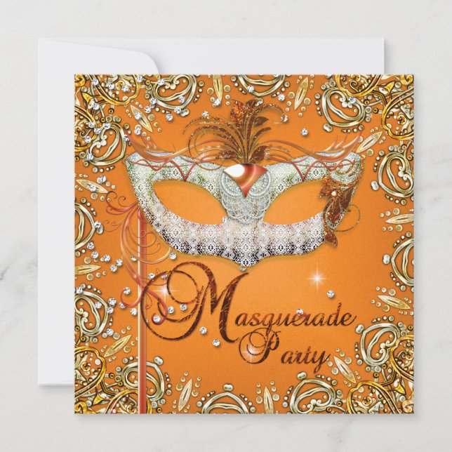 Invitación Máscara Mascarada Cumpleaños Naranja Fiesta Dorado (Anverso)