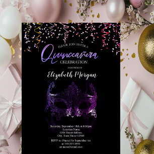 Invitación Máscara Morada, Confeti Máscara de Quinceañera