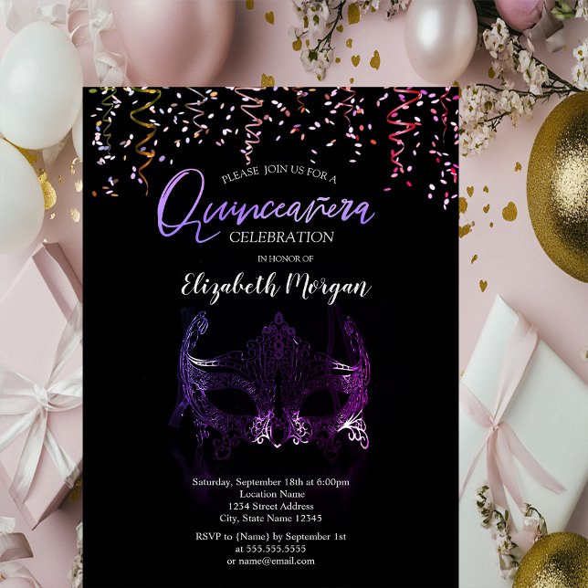 Invitación Máscara Morada, Confeti Máscara de Quinceañera (Subido por el creador)