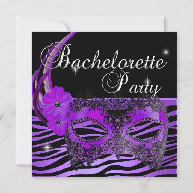 Invitación Máscara Morada de Despedida de Soltera Negra (Anverso)