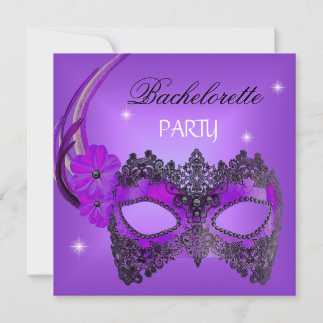 Invitación Máscara Morada de Despedida de Soltera Negra (Anverso)