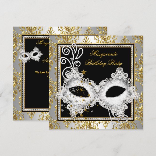 Invitación Máscara negra de oro plateado Fiesta de mascarada (Anverso / Reverso)