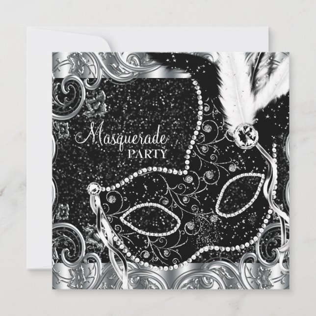 Invitación Máscara Negra de Plata Fiesta de Máscaras (Anverso)