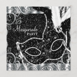 Invitación Máscara Negra de Plata Fiesta de Máscaras
