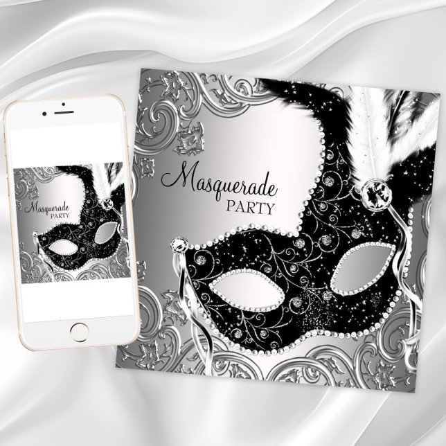 Invitación Máscara Negra de Plata Fiesta de Máscaras (Pretty masquerade party invitation for any occasion. Download and printed invitations available.)