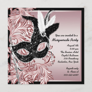 Invitación Máscara Negra Rosa Fiesta de Disfraz Rosa Negro