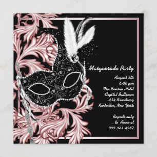 Invitación Máscara Negra Rosa Fiesta de Disfraz Rosa Negro