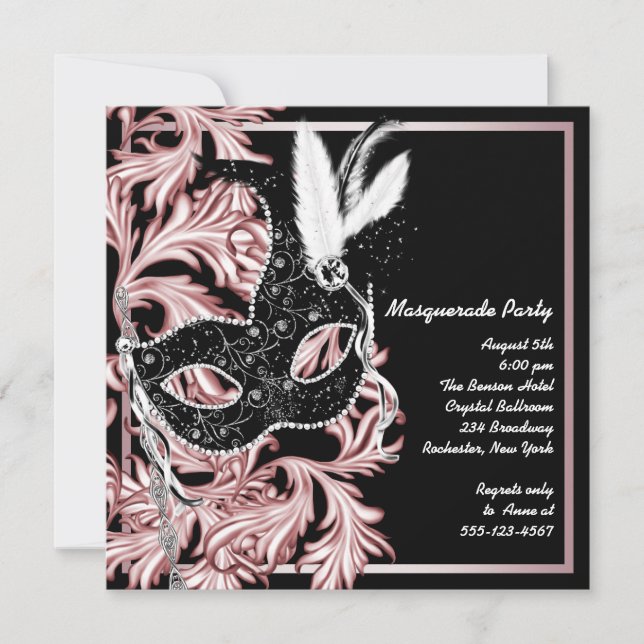 Invitación Máscara Negra Rosa Fiesta de Máscaras de Rosa (Anverso)