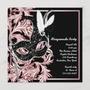 Invitación Máscara Negra Rosa Fiesta de Máscaras de Rosa