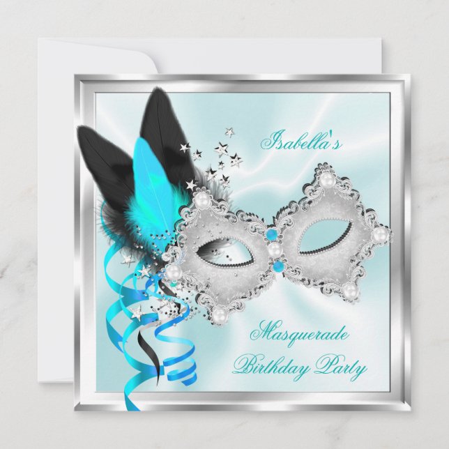 Invitación Máscara negra Verde azulada de plata Fiesta de mas (Anverso)