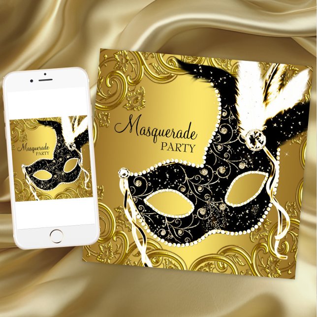 Invitación Máscara Negra y Dorada Fiesta de Disfraces (Any occasion masquerade party invitation. Instant download and printed invitations available.)