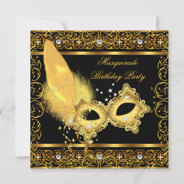 Invitación Máscara para Fiesta de Disfraces Dorado Negro Amar (Anverso)
