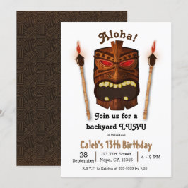 Invitación Máscara Polinesia Aloha Tiki de Madera Cumpleaños