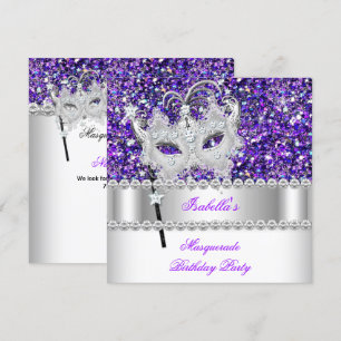 Invitación Máscara Purpura Diamante Brillo Mascarada Cumpleañ
