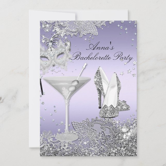 Invitación Máscara Púrpura Plata y Fiesta de Bachelorette de  (Anverso)