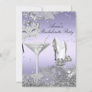 Invitación Máscara Púrpura Plata y Fiesta de Bachelorette de