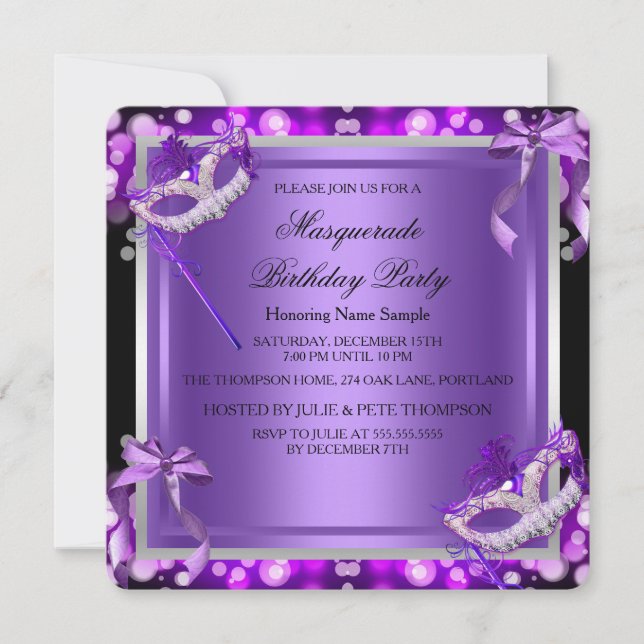 Invitación Máscara Purpura Rosa Cumpleaños 2 (Anverso)