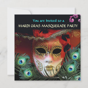 INVITACIÓN MÁSCARA ROJA CON PLUMAS DE PAVO REAL FIESTA DE DIS