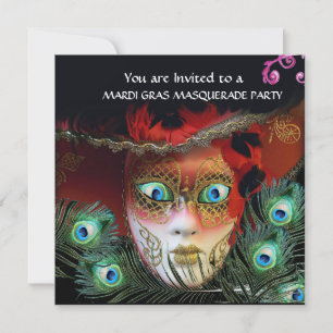 INVITACIÓN MÁSCARA ROJA DE ORO, PLUMAS DE PAVO REAL FIESTA DE