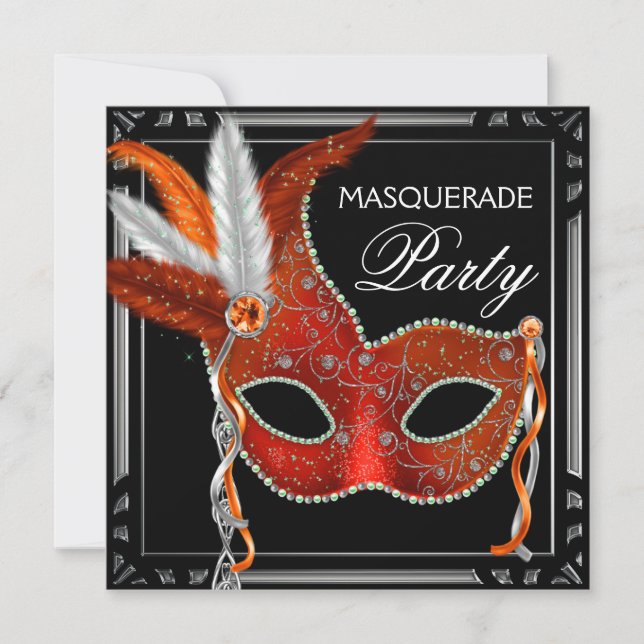 Invitación Máscara Roja Fiesta de Máscaras Negra Roja (Anverso)