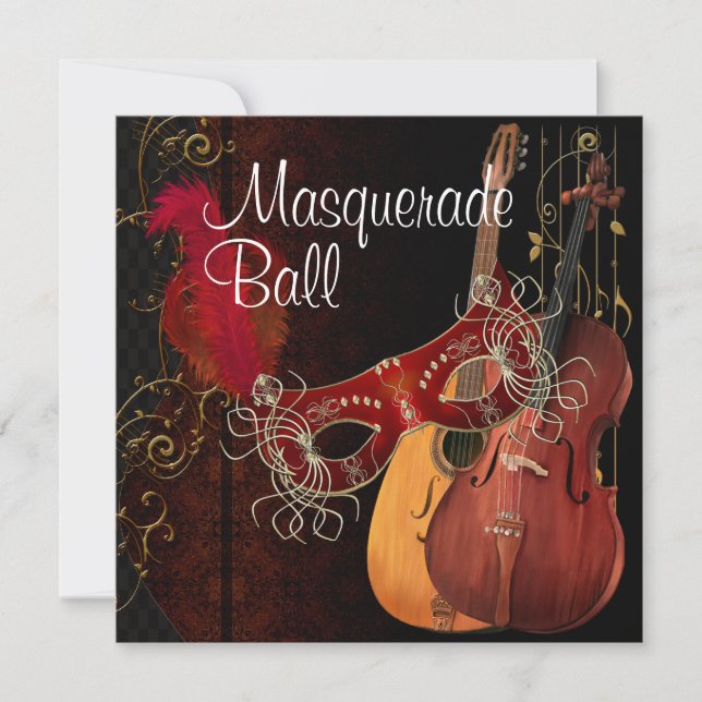 Invitación Máscara Roja Instrumentos musicales Masquerade Bal (Anverso)