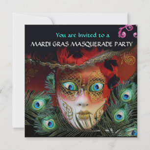 INVITACIÓN MÁSCARA ROJA PLUMAS DE PAVO REAL FIESTA DE DISFRAZ