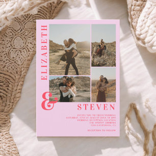 Invitación Máscara roja rosa moderna y 5 bodas de foto grid