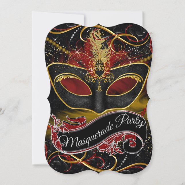 Invitación Máscara Roja y Dorada Brillo Mascarada (Anverso)