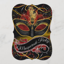 Invitación Máscara Roja y Dorada Brillo Mascarada