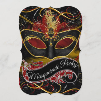 Invitación Máscara Roja y Dorada Brillo Mascarada